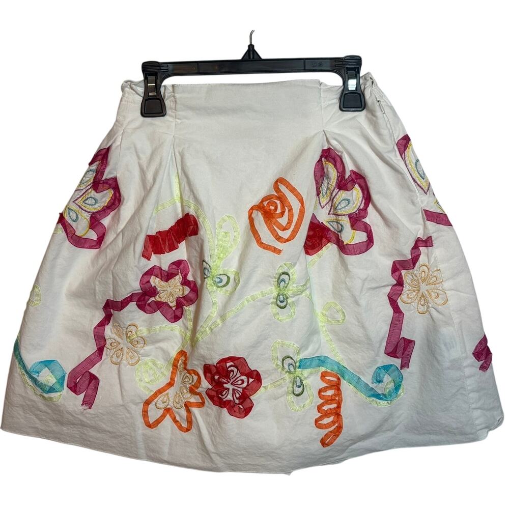 Vtg Brums Embroidered Floral Lace White Skirt Multicolor Sz 8 ALTERED SMALLER